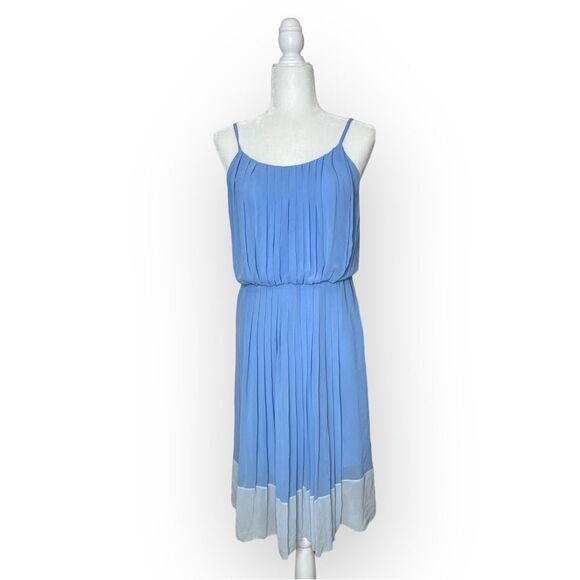 SANDRO Blue and White Scoop Neck Pleated Midi Length Dress Size Small - Picture 1 of 11